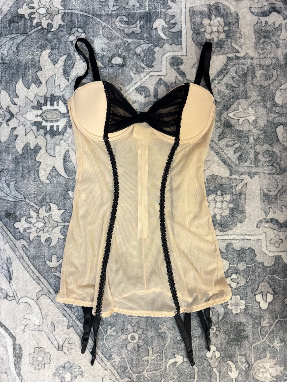 Victoria's Secret Beige and Black Sheer Bustier With Stocking Stays
